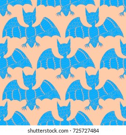 Halloween Seamless Pattern. Background with Bats and Pumpkins in Trendy Zentangle Style. Hand Drawn Seamless Texture for Halloween Decoration.