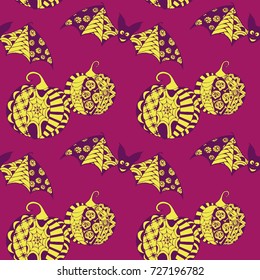 Halloween Seamless Pattern. Background with Bats and Pumpkins in Trendy Zentangle Style. Hand Drawn Seamless Texture for Halloween Decoration.