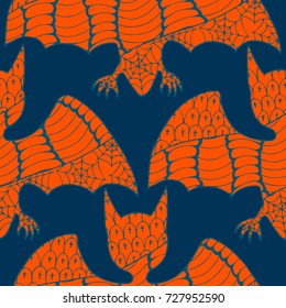 Halloween Seamless Pattern. Background with Bats and Pumpkins in Trendy Zentangle Style. Hand Drawn Seamless Texture for Halloween Decoration.