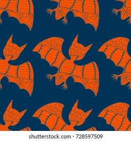 Halloween Seamless Pattern. Background with Bats and Pumpkins in Trendy Zentangle Style. Hand Drawn Seamless Texture for Halloween Decoration.