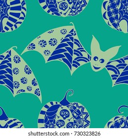 Halloween Seamless Pattern. Background with Bats and Pumpkins in Trendy Zentangle Style. Hand Drawn Seamless Texture for Halloween Decoration.