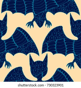 Halloween Seamless Pattern. Background with Bats and Pumpkins in Trendy Zentangle Style. Hand Drawn Seamless Texture for Halloween Decoration.