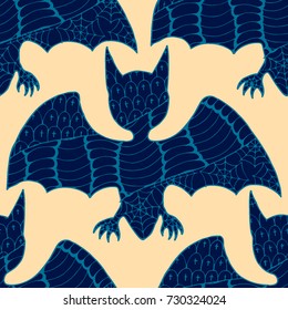 Halloween Seamless Pattern. Background with Bats and Pumpkins in Trendy Zentangle Style. Hand Drawn Seamless Texture for Halloween Decoration.