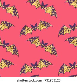 Halloween Seamless Pattern. Background with Bats and Pumpkins in Trendy Zentangle Style. Hand Drawn Seamless Texture for Halloween Decoration.