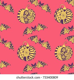 Halloween Seamless Pattern. Background with Bats and Pumpkins in Trendy Zentangle Style. Hand Drawn Seamless Texture for Halloween Decoration.