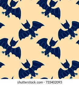 Halloween Seamless Pattern. Background with Bats and Pumpkins in Trendy Zentangle Style. Hand Drawn Seamless Texture for Halloween Decoration.