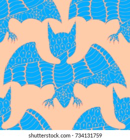 Halloween Seamless Pattern. Background with Bats and Pumpkins in Trendy Zentangle Style. Hand Drawn Seamless Texture for Halloween Decoration.