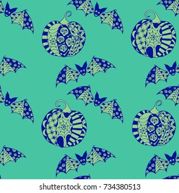 Halloween Seamless Pattern. Background with Bats and Pumpkins in Trendy Zentangle Style. Hand Drawn Seamless Texture for Halloween Decoration.