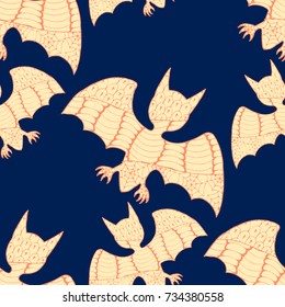 Halloween Seamless Pattern. Background with Bats and Pumpkins in Trendy Zentangle Style. Hand Drawn Seamless Texture for Halloween Decoration.