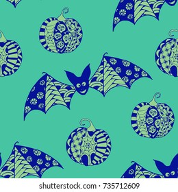 Halloween Seamless Pattern. Background with Bats and Pumpkins in Trendy Zentangle Style. Hand Drawn Seamless Texture for Halloween Decoration.