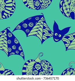 Halloween Seamless Pattern. Background with Bats and Pumpkins in Trendy Zentangle Style. Hand Drawn Seamless Texture for Halloween Decoration.