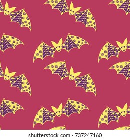 Halloween Seamless Pattern. Background with Bats and Pumpkins in Trendy Zentangle Style. Hand Drawn Seamless Texture for Halloween Decoration.