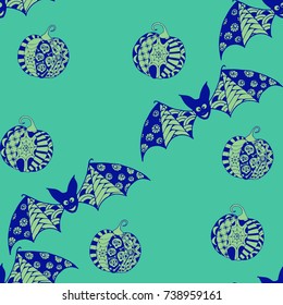 Halloween Seamless Pattern. Background with Bats and Pumpkins in Trendy Zentangle Style. Hand Drawn Seamless Texture for Halloween Decoration.