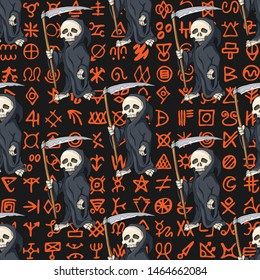 Halloween seamless pattern, background. Cartoon Human Skeleton in Black Robe Standing with Scythe on ancient scripts. Gift box wrapping paper, party decoration, textile, linen print design