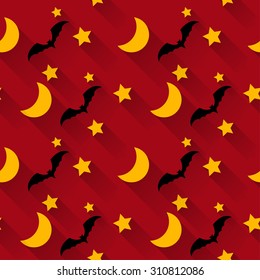 Halloween seamless pattern background with cartoon moon, stars and bats isolated on dark red background