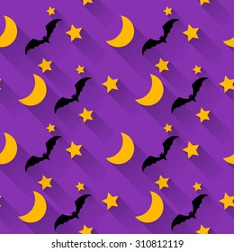 Halloween seamless pattern background with cartoon moon, stars and bats isolated on bright purple background