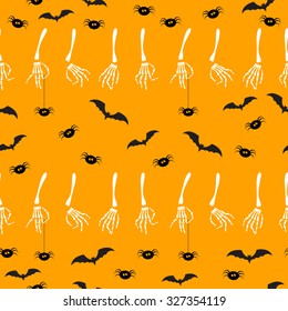 Halloween seamless pattern background with cartoon ghosts hands and bat isolated on bright orange background