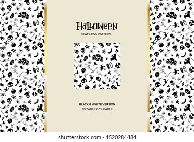 Halloween seamless pattern background. consist of Mix halloween icons, signs and symbol in simple style and black & white color.