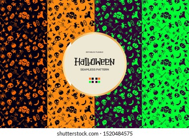 Halloween seamless pattern background. consist of Mix halloween icons, signs and symbol in simple style and bright contrast colors.