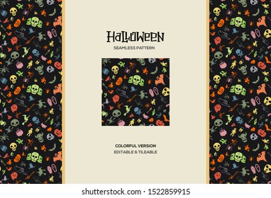 Halloween seamless pattern background. consist of Mix halloween icons, signs and symbol in simple style and contrast colors.