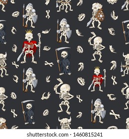 Halloween seamless pattern, background with cute cartoon hand drawn skeletons. Cool Holidays design, lovely characters. Gift box wrapping paper, party decoration, textile, linen print design
