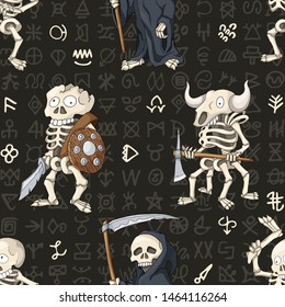 Halloween seamless pattern, background with cute cartoon hand drawn skeletons. Cool Holidays design, lovely characters. Gift box wrapping paper, party decoration, textile, linen print design