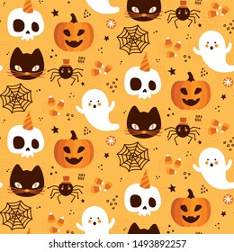 Halloween seamless pattern background design with pumpkin lantern, ghost, skull, black cat, spider, and other scary or festive elements