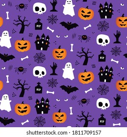 Halloween seamless pattern background design with pumpkin lantern, ghost, skull, spider, and other scary or festive elements on purple background