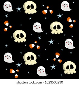 Halloween seamless pattern background design with ghost, skull, stars, candies or festive elements.