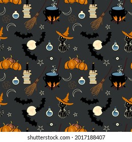 Halloween seamless pattern, background design with witch craft icons broom, cauldron, magic books, potions, pumpkins. candle, and cute cat