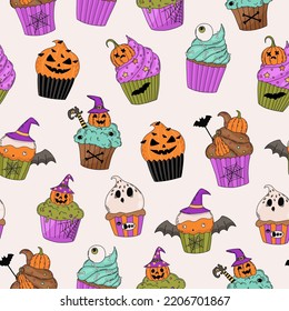 Halloween Seamless Pattern Background Design With Pumpkin Cupcake. Cute Halloween Cupcake. Spooky Vector Illustration. Hand Drawn Endless Texture For Packing, Wrapping, Wallpaper, Backdrop.