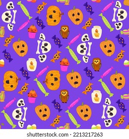 Halloween seamless pattern background design with pumpkin lantern, owl,candies, and other scary or festive elements on purple background.