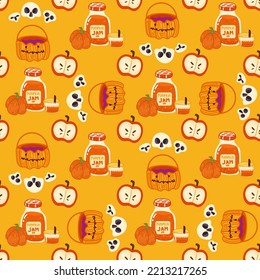 Halloween seamless pattern background design with pumpkin jam, skull and bones,apples and other autumn or festive elements on yellow background.
