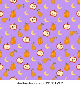 Halloween seamless pattern background design with apples, pear and other cozy autumn or festive elements on purple background.