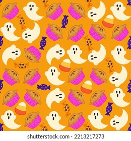 Halloween seamless pattern background design with pumpkin pie, ghost,candies, and other scary or festive elements on orange background.
