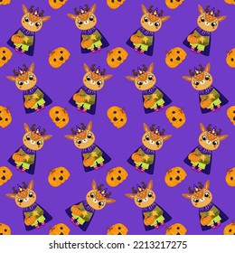 Halloween diseño de fondo de patrones sin fisuras con linterna de calabaza, ciervo con traje de brujas, caramelos y otros elementos espeluznantes o festivos sobre fondo morado.