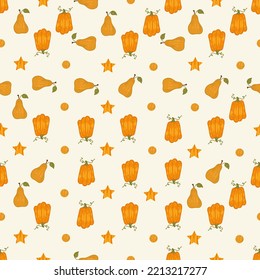 Halloween diseño de fondo de patrón sin fisuras con calabaza, pera y otros elementos acogedores de otoño o festivos sobre fondo blanco.