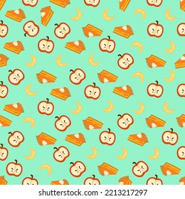 Halloween seamless pattern background design with apples, autumn pie and other cozy autumn or festive elements on green background.