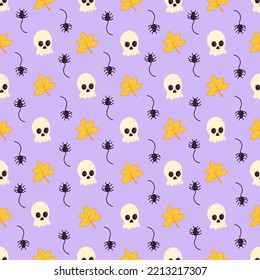 Halloween seamless pattern background design with skull, autumn leaves,spider and other scary or festive elements on purple background.