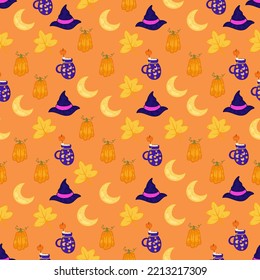 Halloween seamless pattern background design with pumpkin lantern, autumn leaves,witch hat and other scary or festive elements on orange background.
