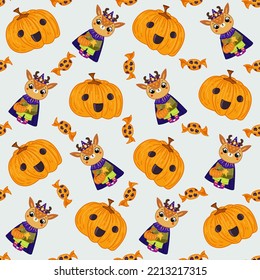 Halloween seamless pattern background design with pumpkin lantern, deer in witch costume,candies, and other scary or festive elements on light gray background.