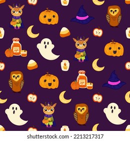 Halloween seamless pattern background design with pumpkin lantern, ghost, moon, candies, and other scary or festive elements on dark purple background.