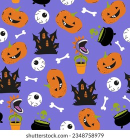 Halloween seamless pattern background design with funny pumpkin, flower, and other scary or festive elements on purple background. Holiday spooky pattern for gift paper, cards, wallpaper, decora