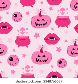 Halloween seamless pattern background design with funny pink pumpkin, witch cauldron and other scary  elements on pink background. Holiday spooky pattern for gift paper, cards, wallpaper, decoration