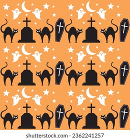 Halloween seamless pattern background design with pumpkin lantern, ghost, spider, black cats  and other scary or festive elements. Halloween pattern background
