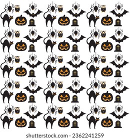 Halloween seamless pattern background design with pumpkin lantern, ghost, spider, black cats  and other scary or festive elements. Halloween pattern background
