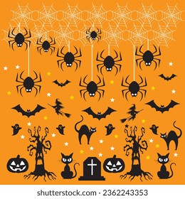 Halloween seamless pattern background design with pumpkin, ghost, skull, spider web, bats. Vector Halloween seamless pattern. Halloween vectors. 