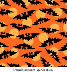 Halloween seamless pattern background design with bats and moons on orange background.