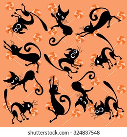 Halloween seamless pattern background with doodle cats and lollipops