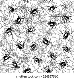 Halloween seamless pattern background with doodle spiders and spiderweb in black and white